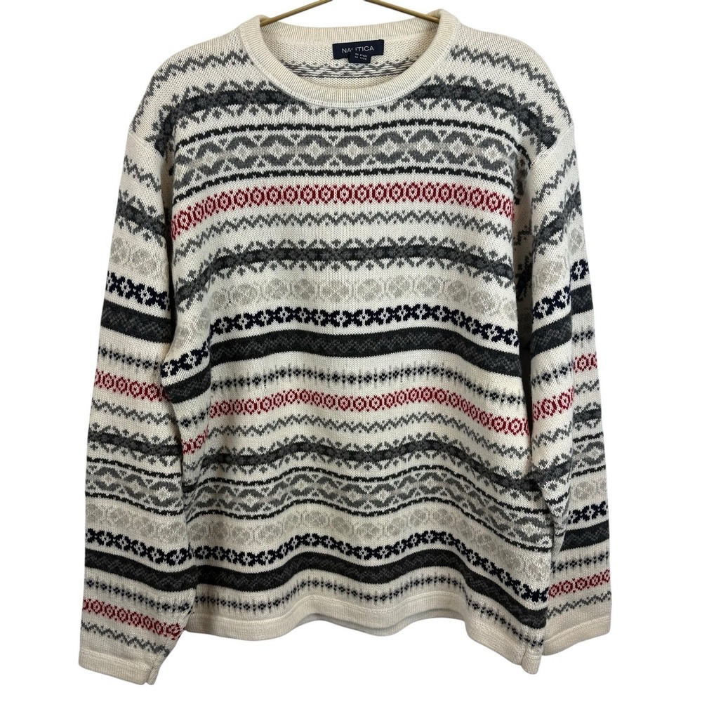 Nautica Fair Isle‎ Sweater Cream Wool Cotton Size Large